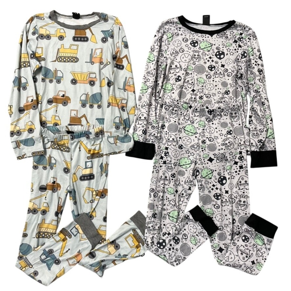Pixie Lane Pajama Sets Unisex Size 8‎ Kids Blue White Construction Space 2-Pack
